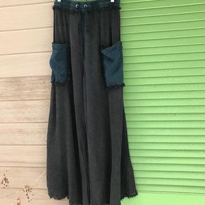 Free People Rayon Wide Leg Drawstring Brown/Blk Flowy Cropped Pants-Lge